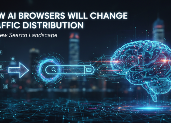 Blog banner with title 'How AI Browsers Will Change Traffic Distribution' over digital network graphic.