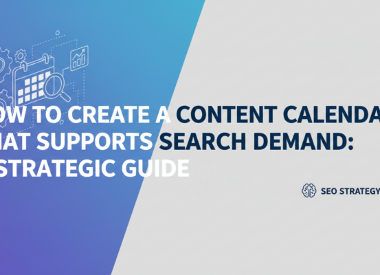 Blog banner with title 'How to Create a Content Calendar That Supports Search Demand: A Strategic Guide' in bold text overlaid on a sleek, modern design with subtle digital elements in the background.