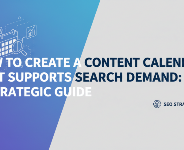 Blog banner with title 'How to Create a Content Calendar That Supports Search Demand: A Strategic Guide' in bold text overlaid on a sleek, modern design with subtle digital elements in the background.