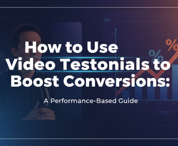 Blog banner with title 'How to Use Video Testimonials to Boost Conversions: A Performance-Based Guide' against a sleek, modern background.
