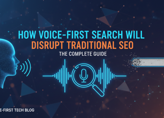 Blog banner with title 'How Voice-First Search Will Disrupt Traditional SEO: The Complete Guide', futuristic design