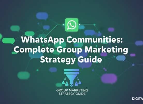 Blog banner with title 'WhatsApp Communities: Complete Group Marketing Strategy Guide' on a digital background.