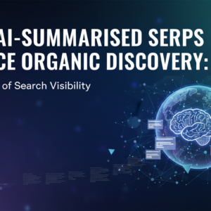 Blog banner with title 'Why AI-Summarised SERPs Reduce Organic Discovery: The Future of Search Visibility' in bold font.