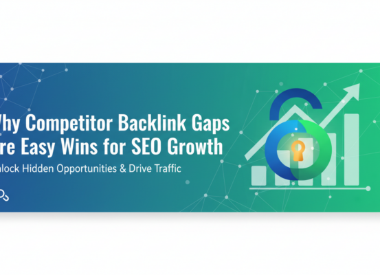 Blog banner with title 'Why Competitor Backlink Gaps Are Easy Wins for SEO Growth' on a digital-themed background.