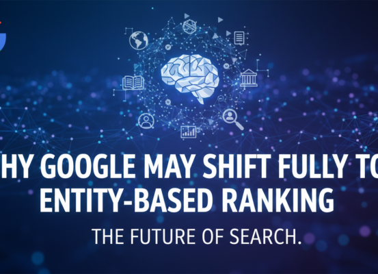 Blog banner with title 'Why Google May Shift Fully to Entity-Based Ranking: The Future of Search' on a tech-themed background