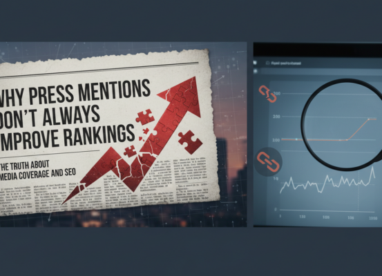 Blog banner with title 'Why Press Mentions Don't Always Improve Rankings' in bold text