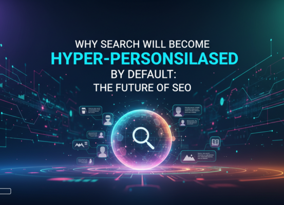 Blog banner with title 'Why Search Will Become Hyper-Personalised by Default: The Future of SEO' in bold text on a futuristic digital background.