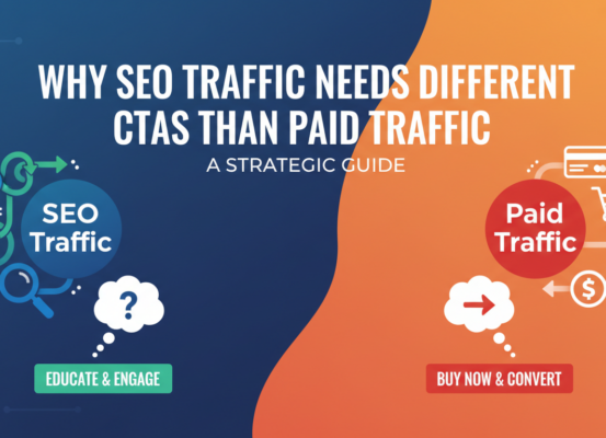 Blog banner with title 'Why SEO Traffic Needs Different CTAs Than Paid Traffic: A Strategic Guide' in bold text.