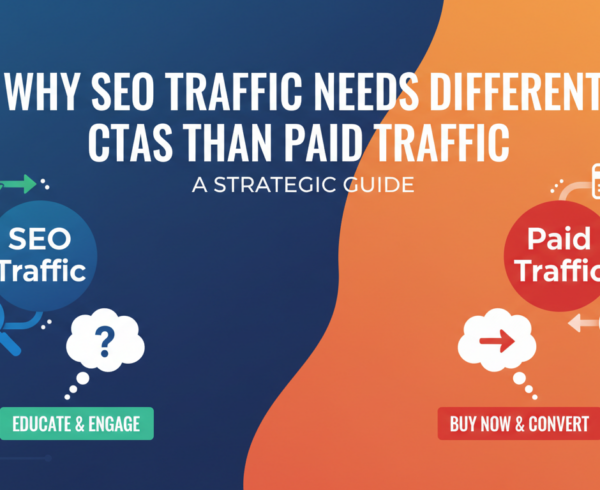 Blog banner with title 'Why SEO Traffic Needs Different CTAs Than Paid Traffic: A Strategic Guide' in bold text.