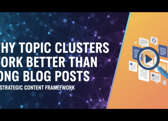 Blog banner with title 'Why Topic Clusters Work Better Than Long Blog Posts: The Strategic Content Framework' in bold font against a modern, abstract background.