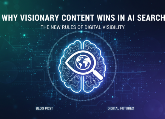 Blog banner with title 'Why Visionary Content Wins in AI Search' on digital-themed background
