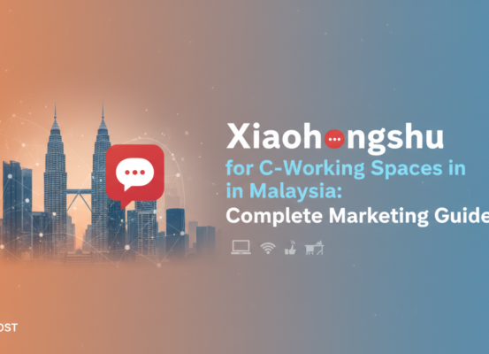 Blog banner with title 'Xiaohongshu for Co-Working Spaces in Malaysia: Complete Marketing Guide' on a modern office background
