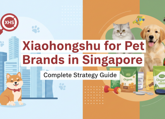 Blog banner with title 'Xiaohongshu for Pet Brands in Singapore: Complete Strategy Guide', featuring pet-themed graphics.