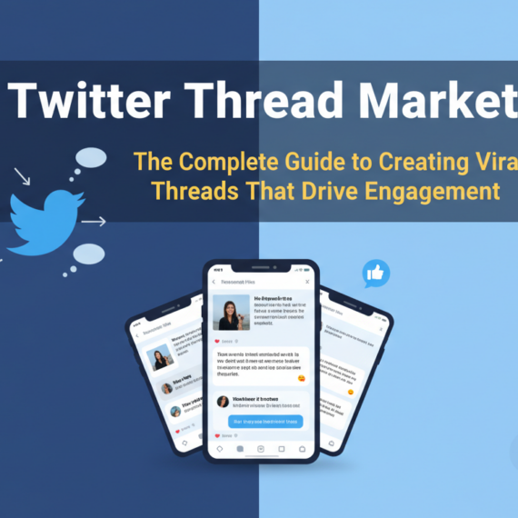 Blog banner with 'Twitter Thread Marketing' title, vibrant blue and white theme