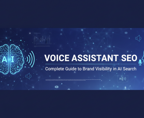 Blog banner with 'Voice Assistant SEO: Complete Guide to Brand Visibility in AI Search' title in bold typography.