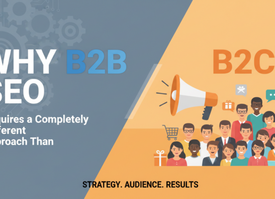 Blog banner with 'Why B2B SEO Requires a Different Approach Than B2C' title in bold fonts.