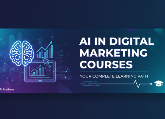 Banner reading 'AI in Digital Marketing Courses: Your Complete Learning Path' with tech-themed graphics.