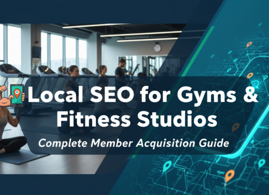 Banner reading 'Local SEO for Gyms & Fitness Studios: Complete Member Acquisition Guide' with fitness icons.