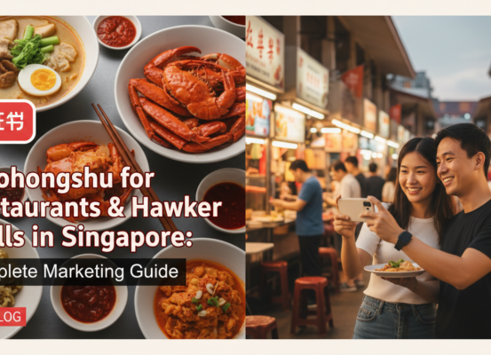 Banner reading 'Xiaohongshu for Restaurants & Hawker Stalls in Singapore: Complete Marketing Guide' with vibrant food graphics.