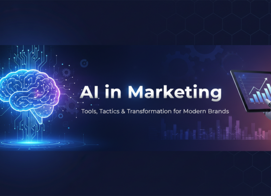 Banner titled 'AI in Marketing: Tools, Tactics & Transformation for Modern Brands' with digital marketing icons.