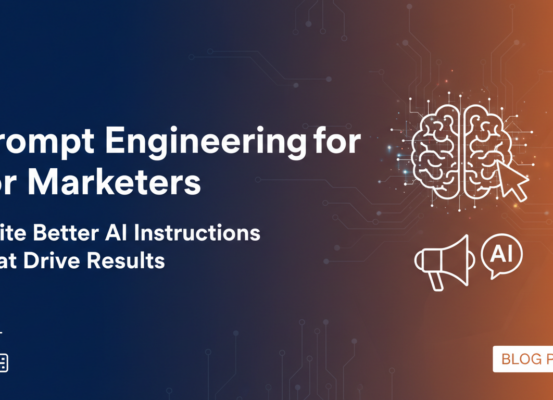 Banner titled 'Prompt Engineering for Marketers' with AI-themed graphics.