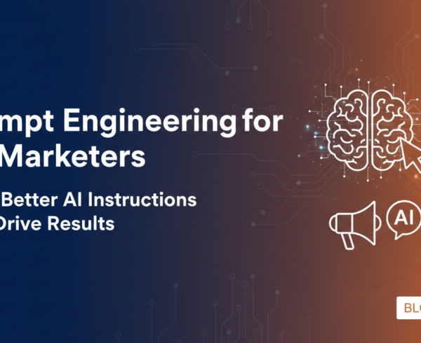 Banner titled 'Prompt Engineering for Marketers' with AI-themed graphics.
