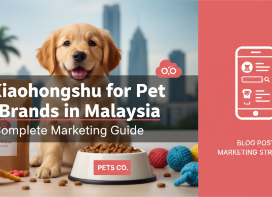 Banner titled 'Xiaohongshu for Pet Brands in Malaysia: Complete Marketing Guide' with pet-themed graphics.