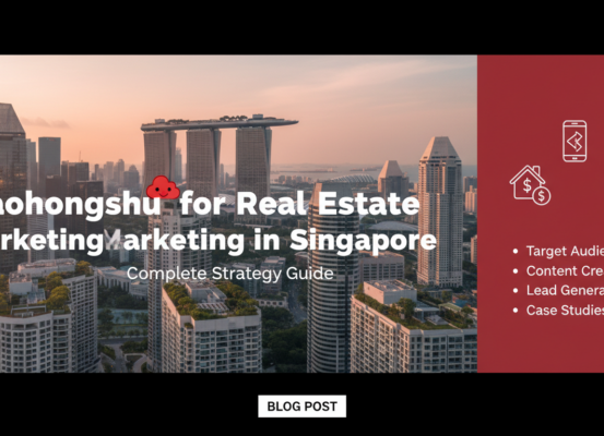 Banner titled 'Xiaohongshu for Real Estate Marketing in Singapore: Complete Strategy Guide' with a modern, urban theme.