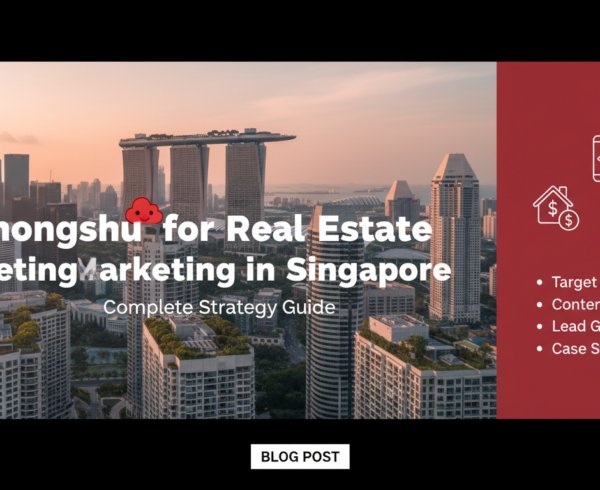 Banner titled 'Xiaohongshu for Real Estate Marketing in Singapore: Complete Strategy Guide' with a modern, urban theme.