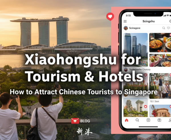 Banner titled 'Xiaohongshu for Tourism & Hotels' with Singapore skyline