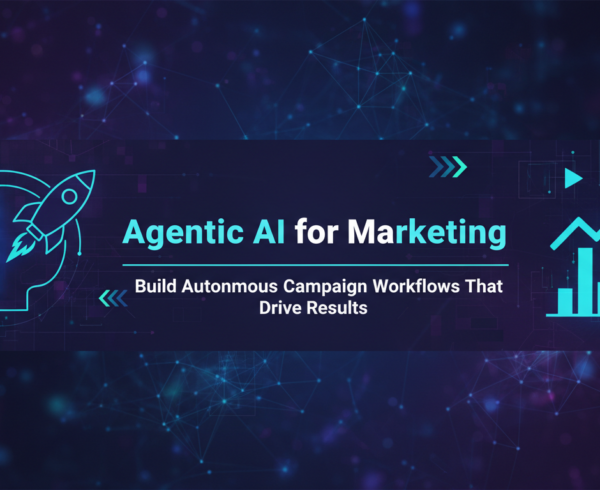 Banner with 'Agentic AI for Marketing' title, vibrant tech-themed background