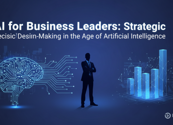 Banner with 'AI for Business Leaders: Strategic Decision-Making in the Age of Artificial Intelligence' title, futuristic theme