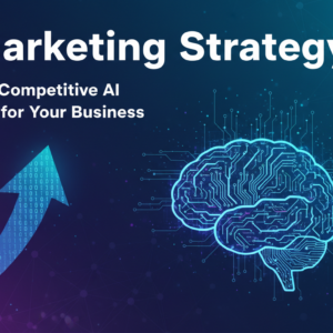 Banner with 'AI Marketing Strategy' title, futuristic tech theme, business focus