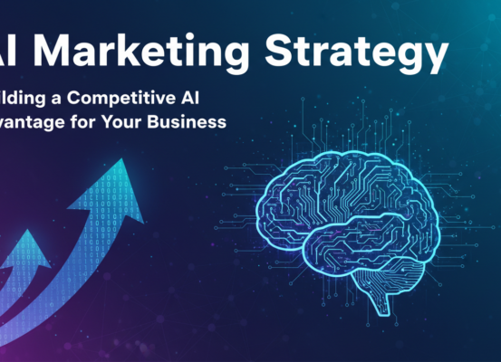 Banner with 'AI Marketing Strategy' title, futuristic tech theme, business focus