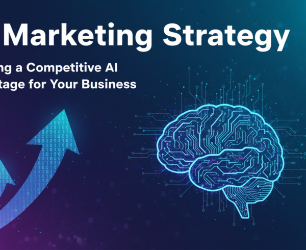Banner with 'AI Marketing Strategy' title, futuristic tech theme, business focus