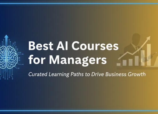 Banner with 'Best AI Courses for Managers' title, featuring futuristic design elements.