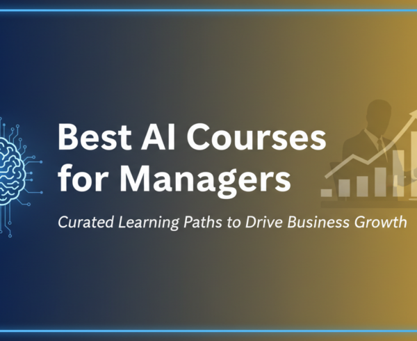 Banner with 'Best AI Courses for Managers' title, featuring futuristic design elements.