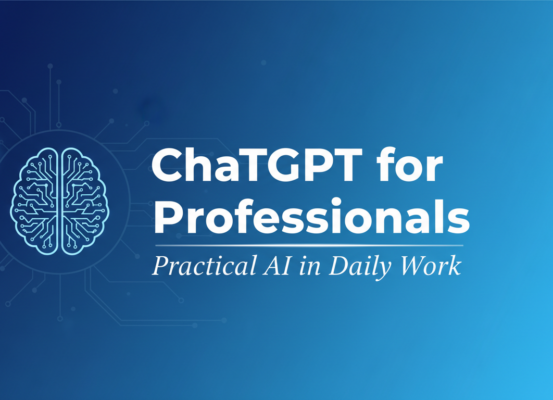 Banner with 'ChatGPT for Professionals: Practical AI in Daily Work' title on a sleek background