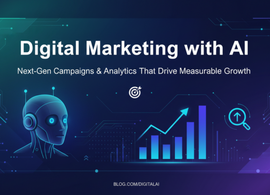 Banner with 'Digital Marketing with AI: Next-Gen Campaigns & Analytics' in bold typography, futuristic digital theme.