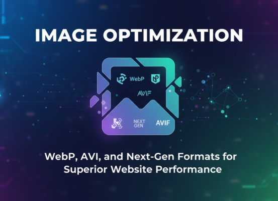 Banner with 'Image Optimization: WebP, AVIF, and Next-Gen Formats' title on a digital-themed background