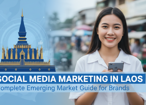 Banner with 'Social Media Marketing in Laos' title, vibrant graphics and cultural motifs