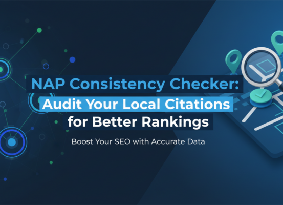 Banner with title 'NAP Consistency Checker: Audit Your Local Citations for Better Rankings' on a digital background