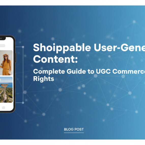 Banner with title 'Shoppable User-Generated Content: Complete Guide to UGC Commerce Rights' in bold.