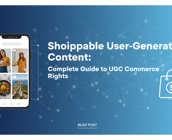 Banner with title 'Shoppable User-Generated Content: Complete Guide to UGC Commerce Rights' in bold.