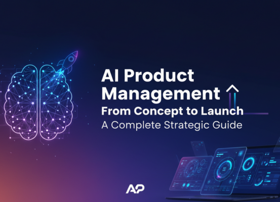 Blog banner 'AI Product Management: From Concept to Launch - A Complete Strategic Guide' with tech-themed graphics.