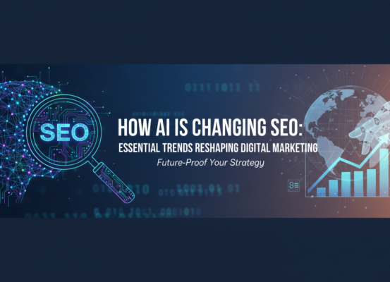Blog banner: 'How AI is Changing SEO' with digital marketing icons and a tech background.