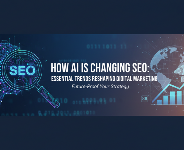 Blog banner: 'How AI is Changing SEO' with digital marketing icons and a tech background.