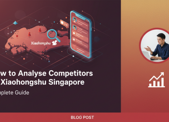Blog banner: 'How to Analyse Competitors on Xiaohongshu Singapore: Complete Guide', featuring modern design elements.