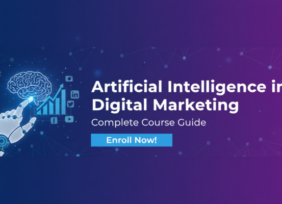 Blog banner titled 'Artificial Intelligence in Digital Marketing: Complete Course Guide' with futuristic design.