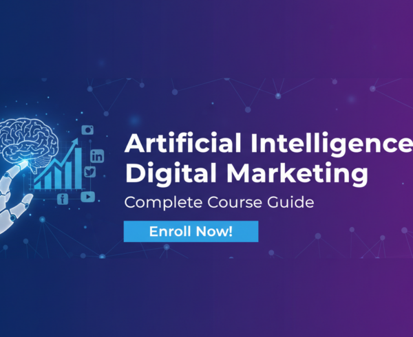 Blog banner titled 'Artificial Intelligence in Digital Marketing: Complete Course Guide' with futuristic design.